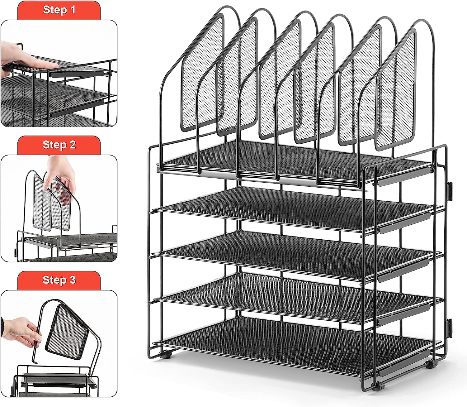 Lavatino Desk Organizers with File Sorter, 5-Tier Mesh Desk File Organizer with 5 Vertical File Holders, Multifunction Desktop Organizer, Desk Organizers and Accessories for Home Office - Image 5